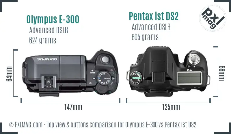 Olympus E-300 vs Pentax ist DS2 top view buttons comparison
