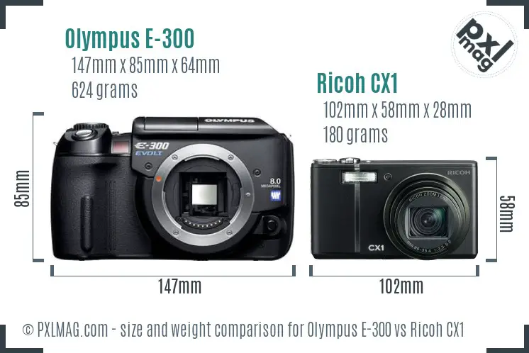 Olympus E-300 vs Ricoh CX1 size comparison Olympus E-300 vs Ricoh CX1 size comparison