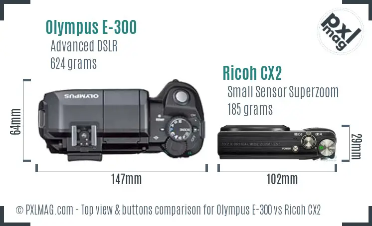 Olympus E-300 vs Ricoh CX2 top view buttons comparison
