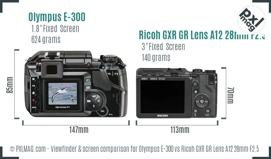 Olympus E-300 vs Ricoh GXR GR Lens A12 28mm F2.5 Screen and Viewfinder comparison
