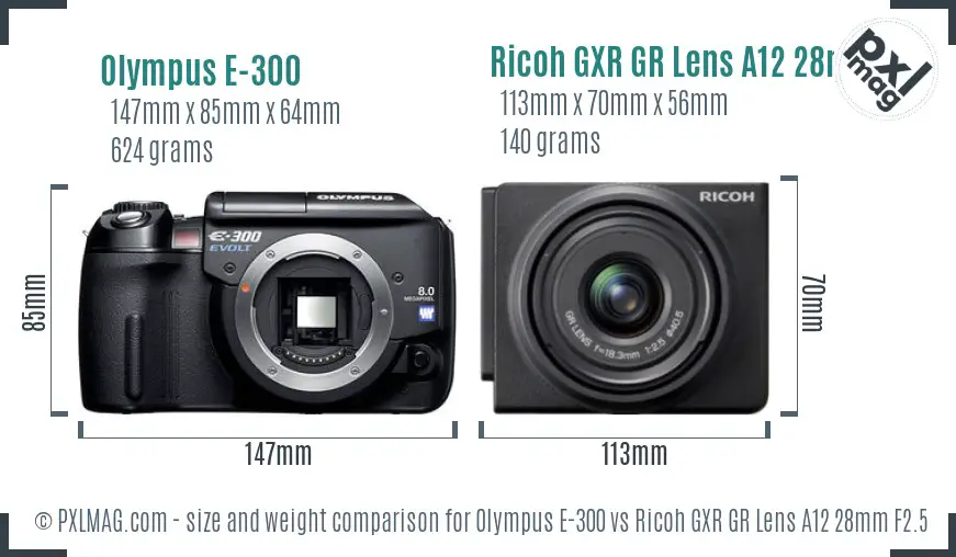 Olympus E-300 vs Ricoh GXR GR Lens A12 28mm F2.5 size comparison