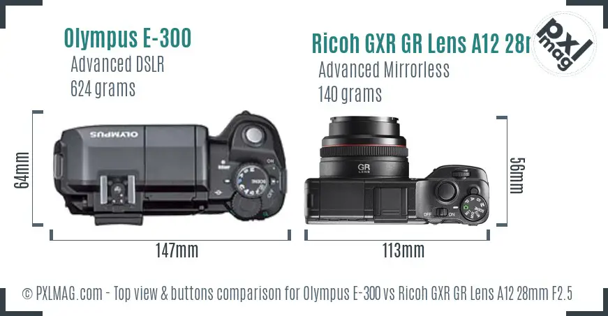 Olympus E-300 vs Ricoh GXR GR Lens A12 28mm F2.5 top view buttons comparison