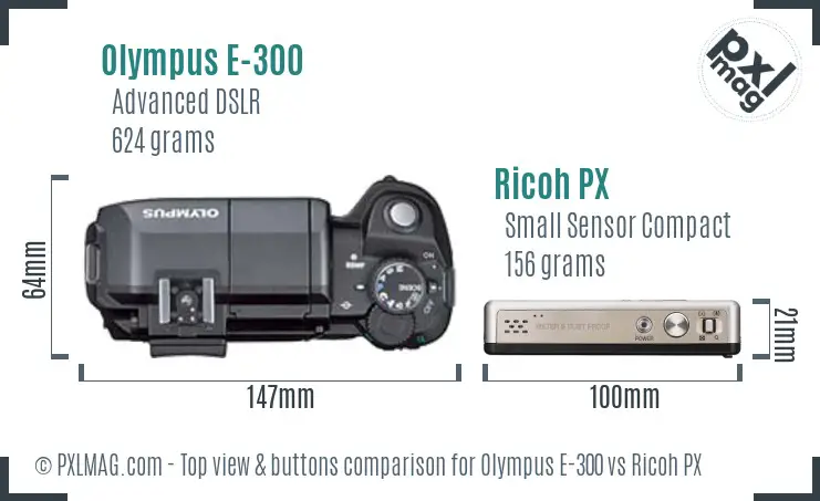 Olympus E-300 vs Ricoh PX top view buttons comparison