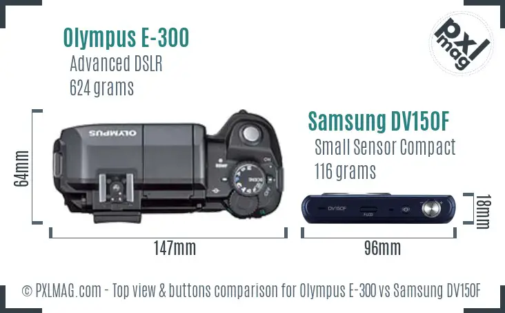 Olympus E-300 vs Samsung DV150F top view buttons comparison Olympus E-300 vs Samsung DV150F top view buttons comparison