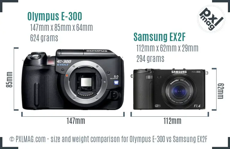 Olympus E-300 vs Samsung EX2F size comparison Olympus E-300 vs Samsung EX2F size comparison