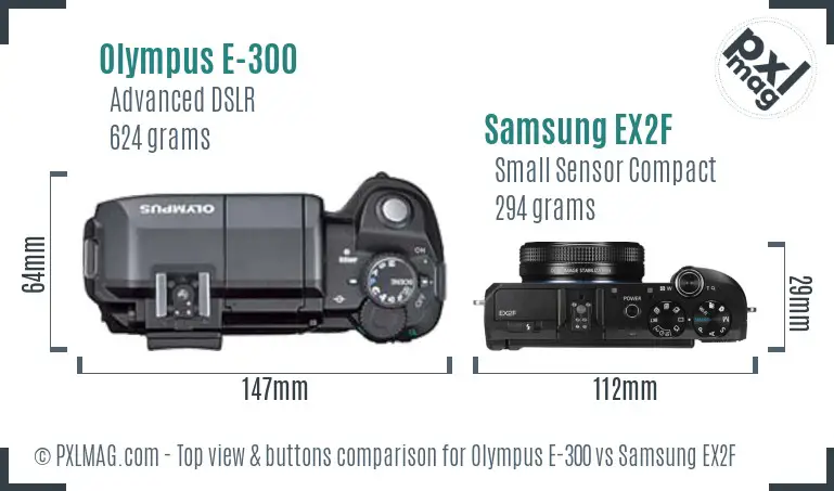 Olympus E-300 vs Samsung EX2F top view buttons comparison Olympus E-300 vs Samsung EX2F top view buttons comparison