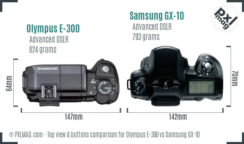 Olympus E-300 vs Samsung GX-10 top view buttons comparison