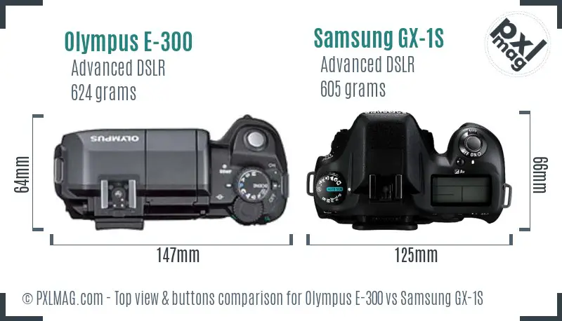 Olympus E-300 vs Samsung GX-1S top view buttons comparison