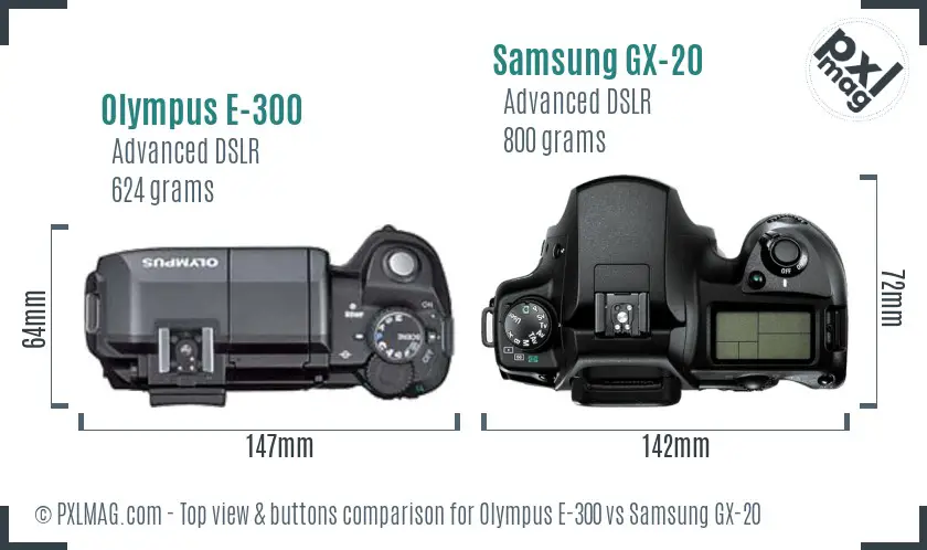 Olympus E-300 vs Samsung GX-20 top view buttons comparison