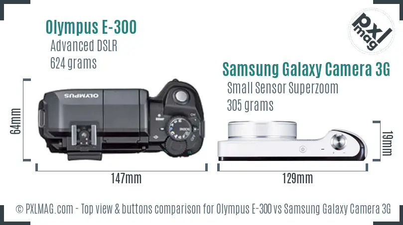 Olympus E-300 vs Samsung Galaxy Camera 3G top view buttons comparison