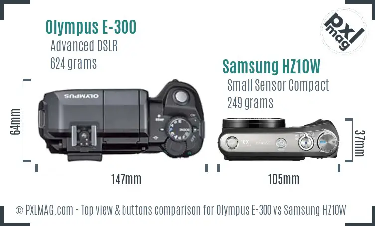 Olympus E-300 vs Samsung HZ10W top view buttons comparison