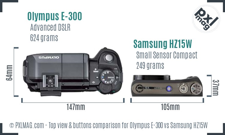 Olympus E-300 vs Samsung HZ15W top view buttons comparison