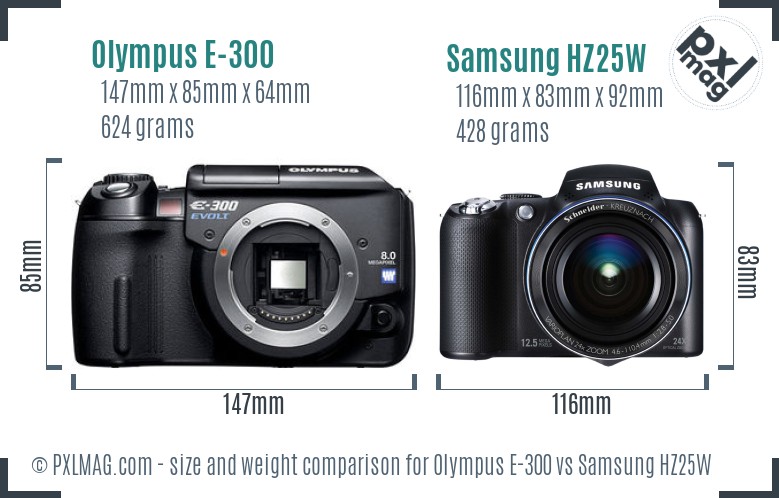 Olympus E-300 vs Samsung HZ25W size comparison