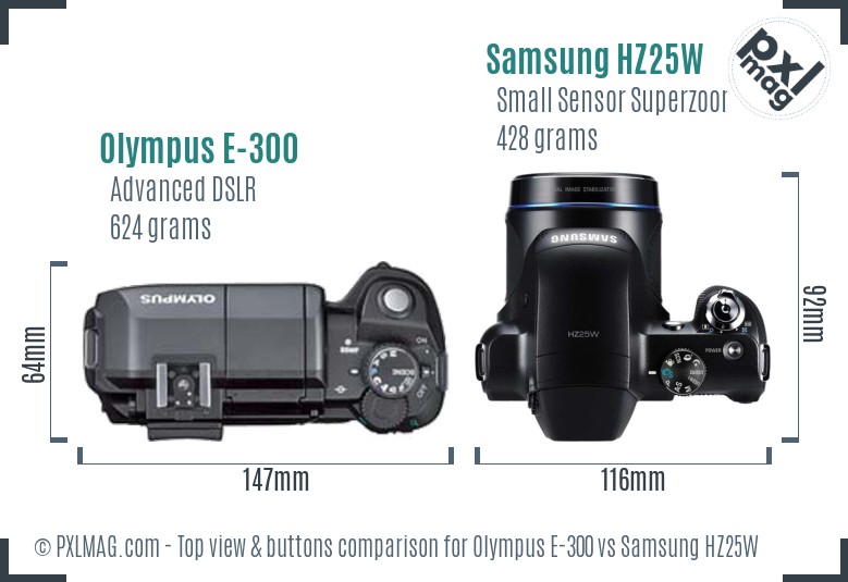 Olympus E-300 vs Samsung HZ25W top view buttons comparison