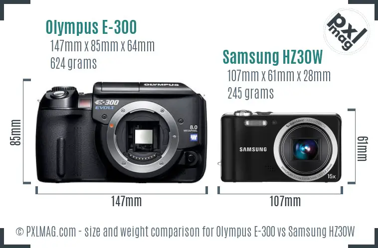 Olympus E-300 vs Samsung HZ30W size comparison