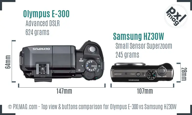Olympus E-300 vs Samsung HZ30W top view buttons comparison