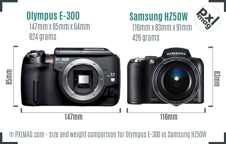 Olympus E-300 vs Samsung HZ50W size comparison