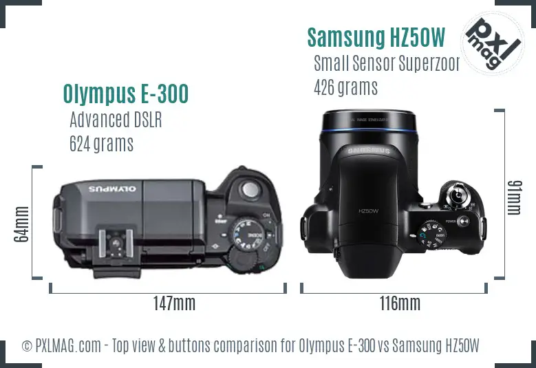 Olympus E-300 vs Samsung HZ50W top view buttons comparison