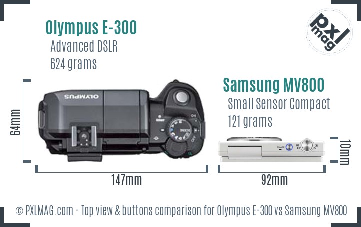 Olympus E-300 vs Samsung MV800 top view buttons comparison