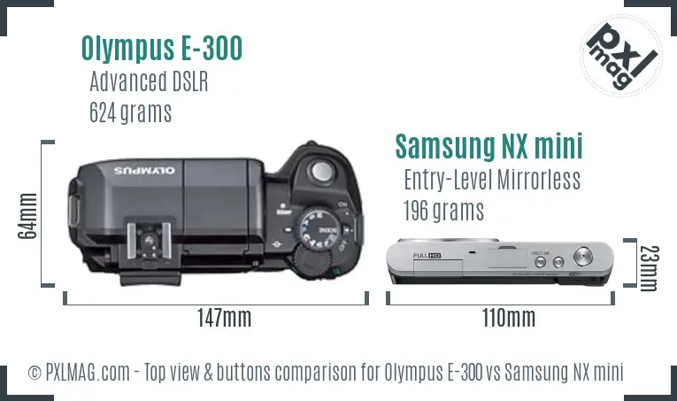 Olympus E-300 vs Samsung NX mini top view buttons comparison