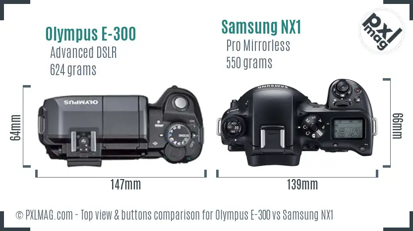 Olympus E-300 vs Samsung NX1 top view buttons comparison Olympus E-300 vs Samsung NX1 top view buttons comparison