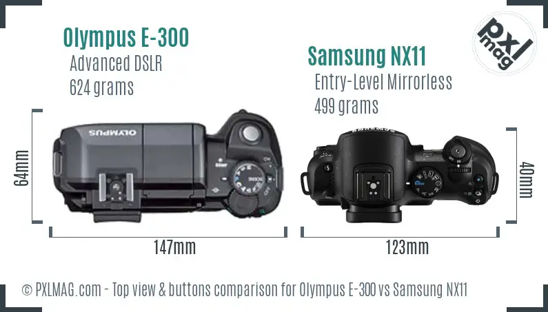 Olympus E-300 vs Samsung NX11 top view buttons comparison