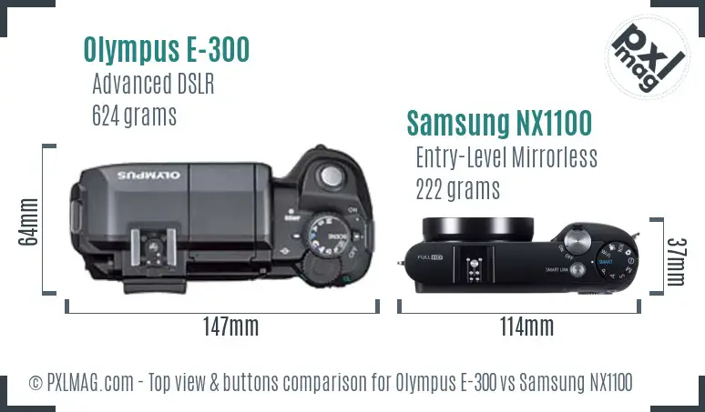 Olympus E-300 vs Samsung NX1100 top view buttons comparison