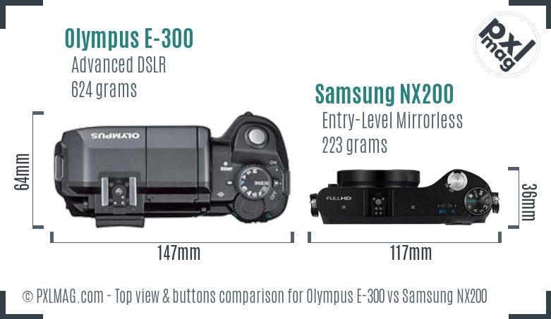 Olympus E-300 vs Samsung NX200 top view buttons comparison