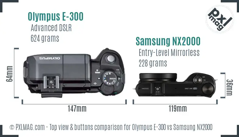 Olympus E-300 vs Samsung NX2000 top view buttons comparison