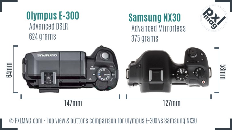 Olympus E-300 vs Samsung NX30 top view buttons comparison