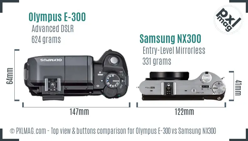 Olympus E-300 vs Samsung NX300 top view buttons comparison