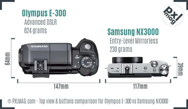 Olympus E-300 vs Samsung NX3000 top view buttons comparison