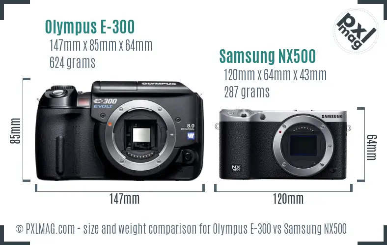 Olympus E-300 vs Samsung NX500 size comparison