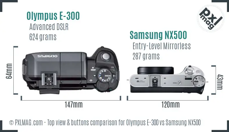 Olympus E-300 vs Samsung NX500 top view buttons comparison