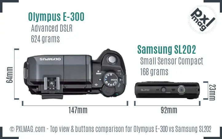 Olympus E-300 vs Samsung SL202 top view buttons comparison