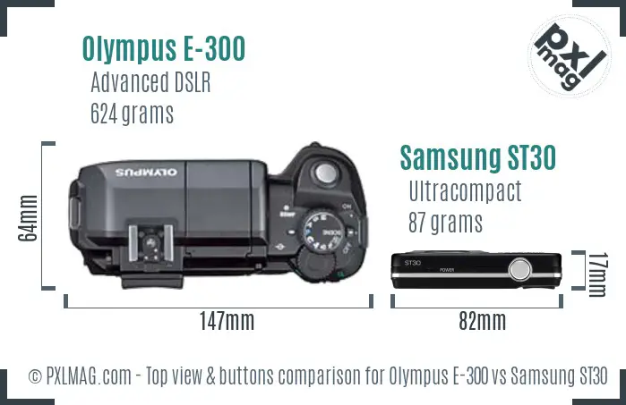 Olympus E-300 vs Samsung ST30 top view buttons comparison