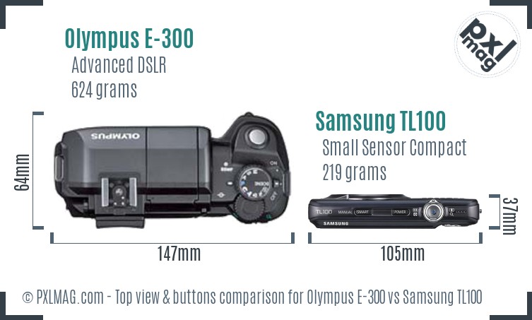 Olympus E-300 vs Samsung TL100 top view buttons comparison