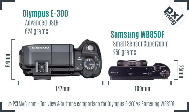 Olympus E-300 vs Samsung WB850F top view buttons comparison