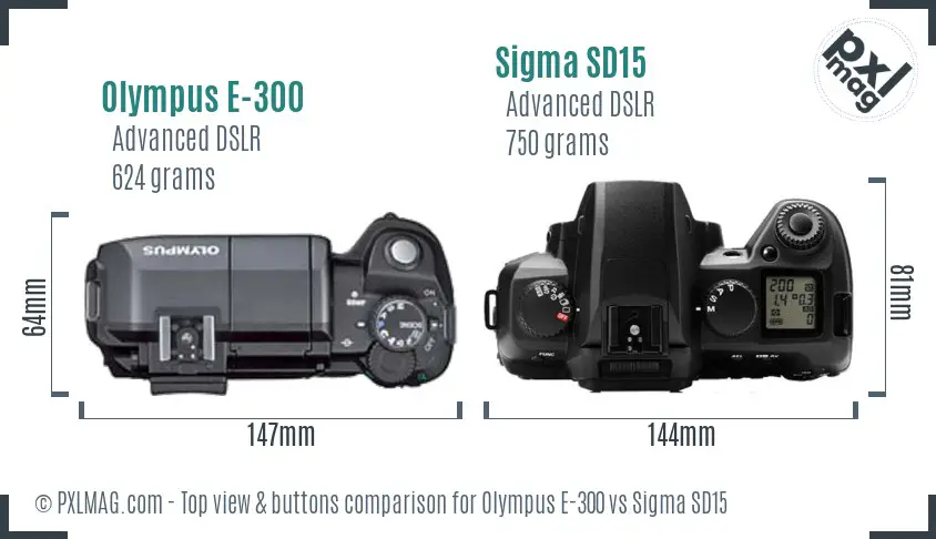 Olympus E-300 vs Sigma SD15 top view buttons comparison