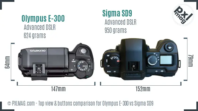 Olympus E-300 vs Sigma SD9 top view buttons comparison