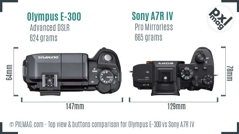 Olympus E-300 vs Sony A7R IV top view buttons comparison