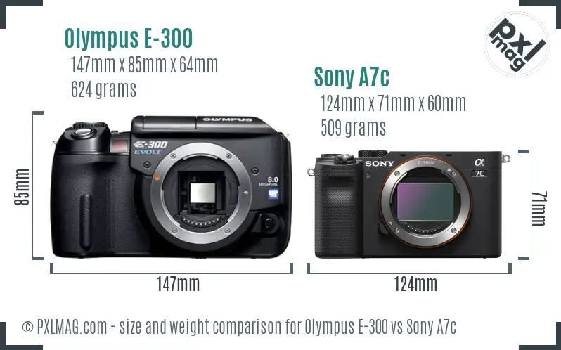 Olympus E-300 vs Sony A7c size comparison