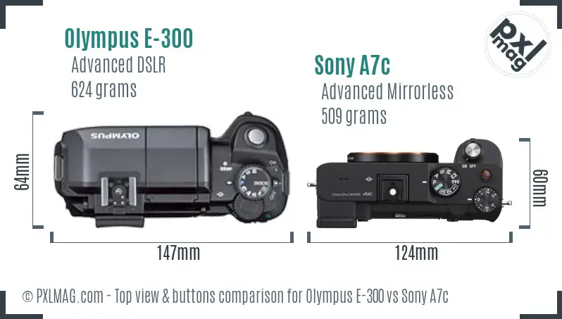 Olympus E-300 vs Sony A7c top view buttons comparison