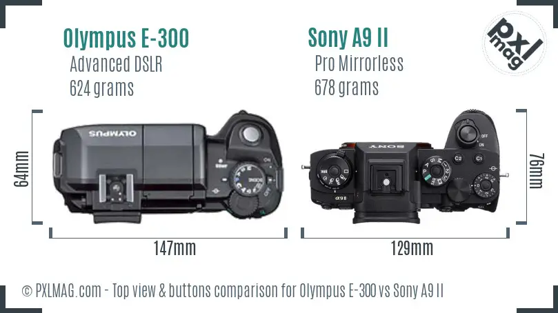 Olympus E-300 vs Sony A9 II top view buttons comparison
