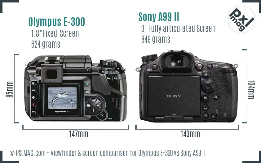 Olympus E-300 vs Sony A99 II Screen and Viewfinder comparison