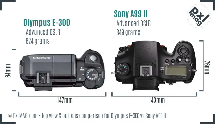Olympus E-300 vs Sony A99 II top view buttons comparison