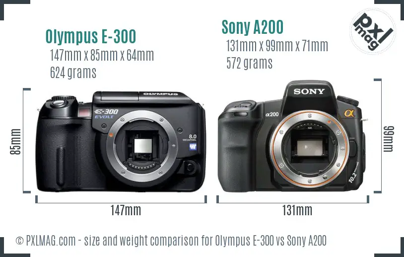 Olympus E-300 vs Sony A200 size comparison