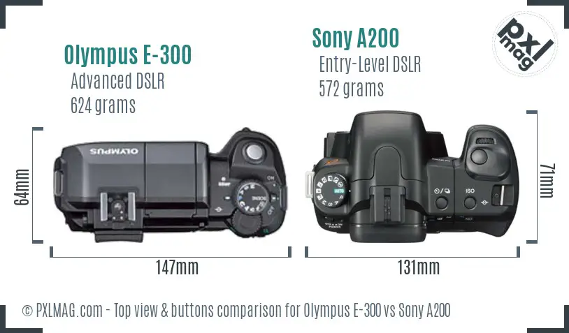 Olympus E-300 vs Sony A200 top view buttons comparison