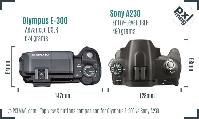 Olympus E-300 vs Sony A230 top view buttons comparison