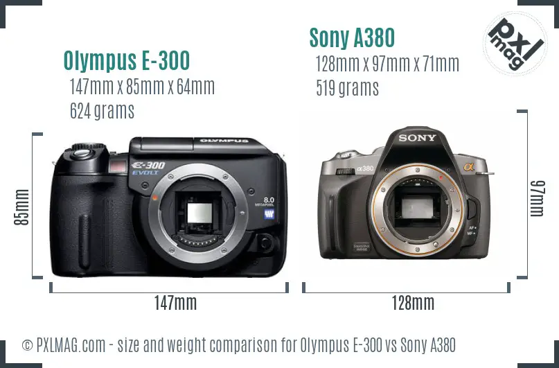 Olympus E-300 vs Sony A380 size comparison